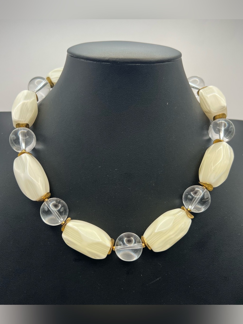 Vintage Chunky Clear Lucite and White Banded Bead Necklace 17-In.